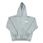 Gray hoodie with a small logo on a white background