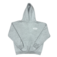 Gray hoodie with a small logo on a white background