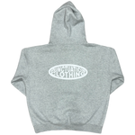 Gray hoodie with a white logo on a white background