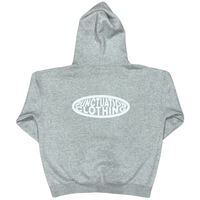 Gray hoodie with a white logo on a white background