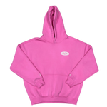 Pink hoodie with a small logo on a white background