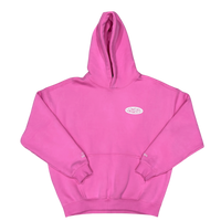 Pink hoodie with a small logo on a white background