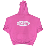 Pink hoodie with a logo on the back against a white background