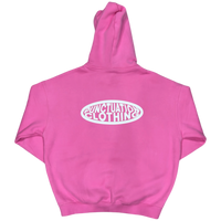 Pink hoodie with a logo on the back against a white background