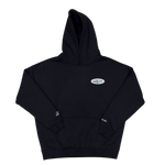 Black hoodie with a logo on the chest against a white background
