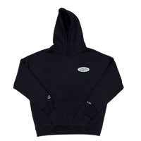 Black hoodie with a logo on the chest against a white background