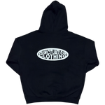 Black hoodie with a white logo on the back against a white background