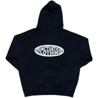Black hoodie with a white logo on the back against a white background
