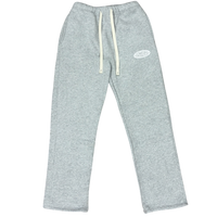 Gray sweatpants with a logo on a white background