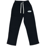 Black sweatpants with a logo on a white background