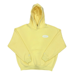 Yellow hoodie with a logo on a white background