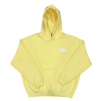 Yellow hoodie with a logo on a white background