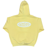 Yellow hoodie with a brand logo on the back against a white background