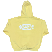 Yellow hoodie with a brand logo on the back against a white background