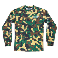 A long-sleeve crewneck shirt featuring a green, brown, and tan camouflage pattern, with a small oval logo on the left chest and white graphic prints on the sleeves.